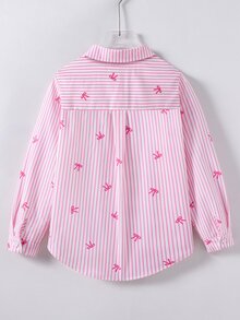 SHEIN 青少年女孩秋季上衣 粉色與白色條紋輕量防曬襯衫 度假秋季旅行休閒可愛穿搭舒適日常上學 - 粉色 - 查看 3