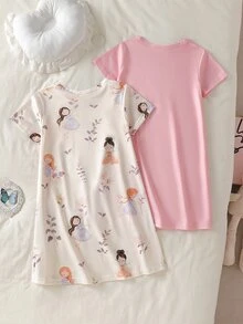 Genkimix Kids 女童幼兒簡約時尚粉灰配色可愛卡通羊印花圖案2件組短袖長版睡袍家居服 - 彩色 - 查看 2