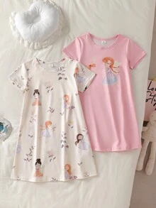 Genkimix Kids 女童幼兒簡約時尚粉灰配色可愛卡通羊印花圖案2件組短袖長版睡袍家居服 - 彩色 - 查看 1