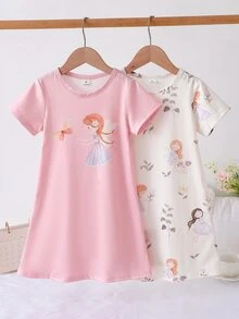 Genkimix Kids 女童幼兒簡約時尚粉灰配色可愛卡通羊印花圖案2件組短袖長版睡袍家居服 - 彩色 - 查看 3