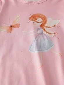 Genkimix Kids 女童幼兒簡約時尚粉灰配色可愛卡通羊印花圖案2件組短袖長版睡袍家居服 - 彩色 - 查看 5