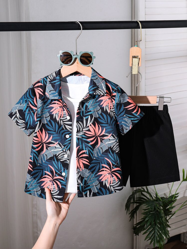 SHEIN Young Boy Tropical Plant Print Short Sleeve Shirt And Shorts Set Kids Summer Setskids Two Pieces Sets Green Sets For Vacation,Going To The Beach And Zoo - Black - View 3