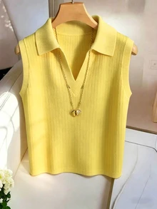 Franclia Women's Casual Elegant Knitted Collared Striped Vest - Yellow - View 4
