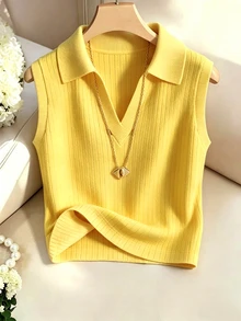 Franclia Women's Casual Elegant Knitted Collared Striped Vest - Yellow - View 3