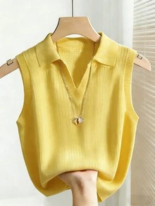 Franclia Women's Casual Elegant Knitted Collared Striped Vest - Yellow - View 1