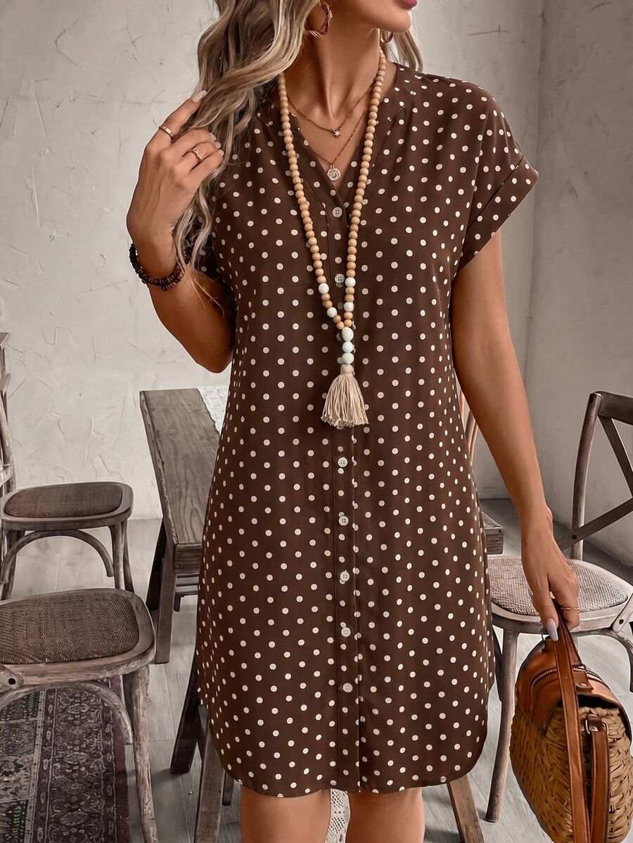 EMERY ROSE Women's Simple Boho Versatile Polka Dot Print Button Dress Vacation Picnic Brunch Brown And White Polka Dot Summer