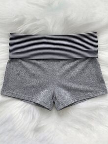 SHEIN Sparklyn 少女夏季休閒百搭日常健身運動瑜伽緊身印花翻腰短褲 - 灰色 - 查看 3