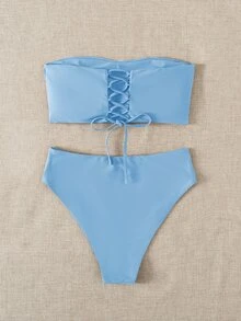 Swim Mod 2026 Special Fabric Spring/Summer Women's Halter Backless Tie Vacation Light Blue Side High Cut 2 Pieces Bikini Swimwear - Baby Blue - View 4