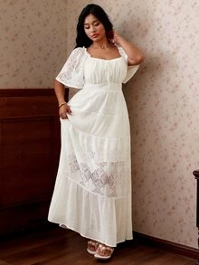 CovetEZ 新品春夏波希米亞風熱帶休閒仙女風鄉村風蕾絲拼接紋理大尺碼連身裙 全白茶會風 - 白色 - 查看 6