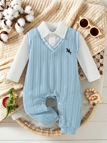 SHEIN Baby Boy Knit Texture Animal Pattern V-Neck Sleeveless Jumpsuit Autumn Fall - Blue and White - View 2