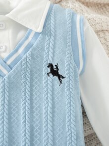 SHEIN Baby Boy Knit Texture Animal Pattern V-Neck Sleeveless Jumpsuit Autumn Fall - Blue and White - View 4
