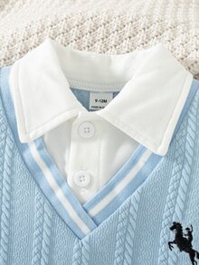 SHEIN Baby Boy Knit Texture Animal Pattern V-Neck Sleeveless Jumpsuit Autumn Fall - Blue and White - View 5