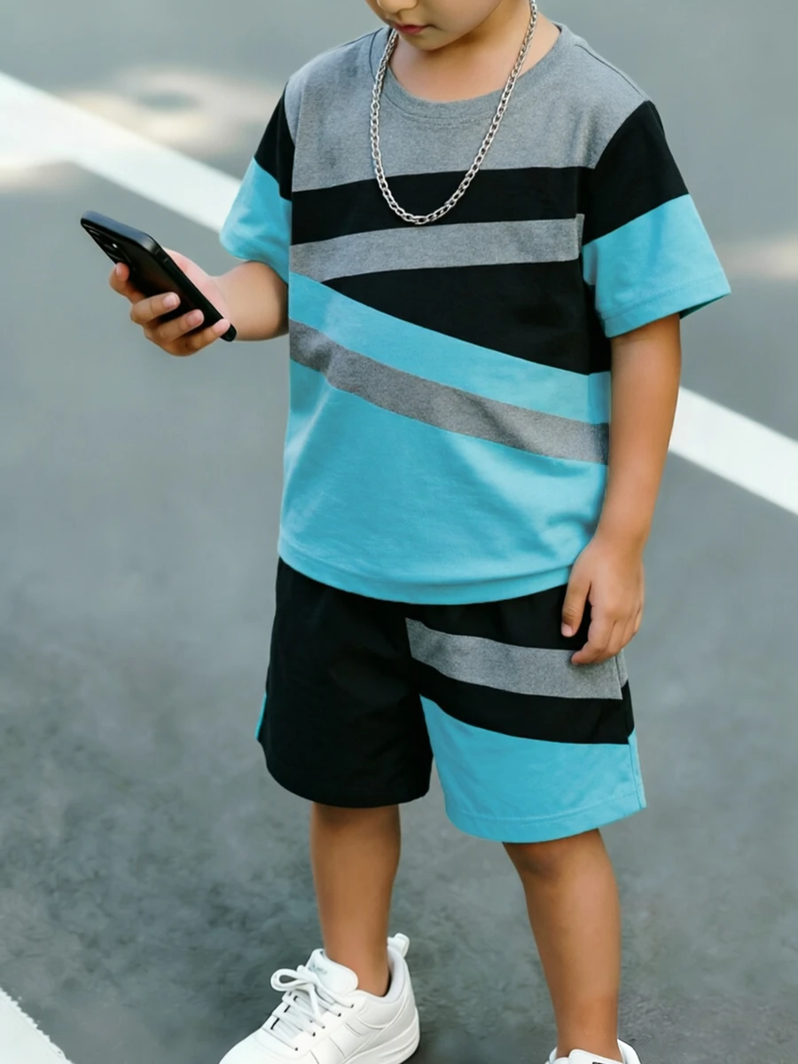 Young Boys Creative Fashion Grey Black Blue Patchwork Striped Pattern Print Basic Short T-Shirt And Shorts, Summer Daily Wear Birthday