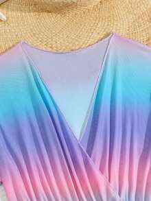SHEIN Teen Girls Cover Ups Gradient Turquoise Leopard Print Fashion Casual Exquisite Elegant Lady Suitable For Swimming Vacation Summer - Multicolor - View 5
