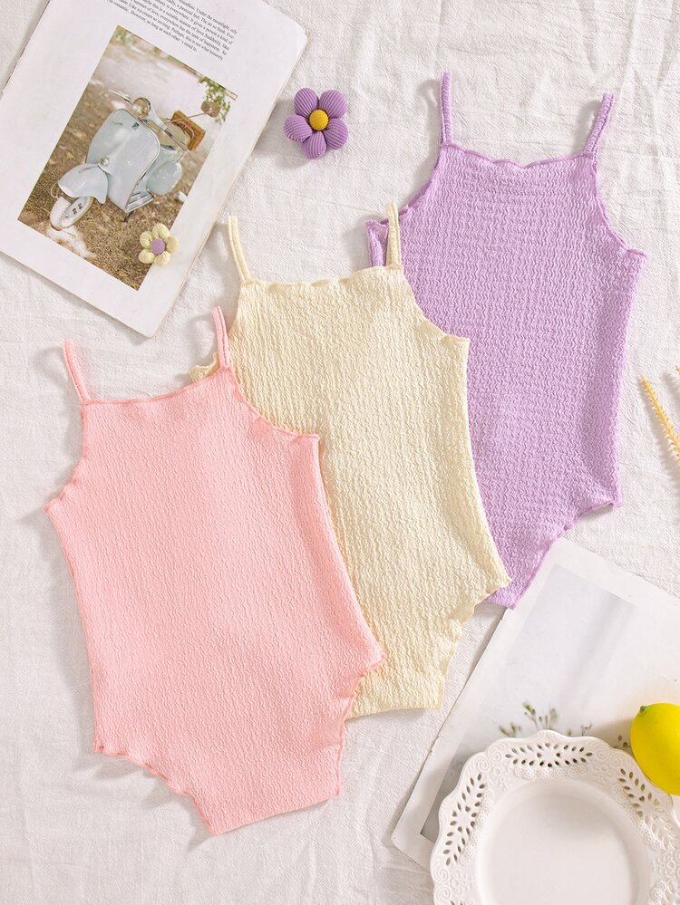 SHEIN Vintaside Kids 3pcs/Set Newborn Baby Girls' Comfy Versatile Simple Solid Color Knit Camisole Bodysuit Set, Spring/Summer - Multicolor - View 2