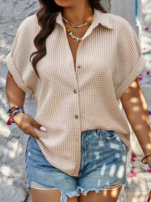 Easura Random Plaid Print Plus Size Women Loose Batwing Short Sleeve Casual Boho Shirt, For Summer Vacation White Chic - Khaki - View 5