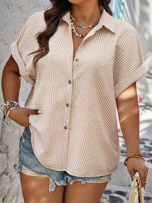 Easura Random Plaid Print Plus Size Women Loose Batwing Short Sleeve Casual Boho Shirt, For Summer Vacation White Chic - Khaki - View 3