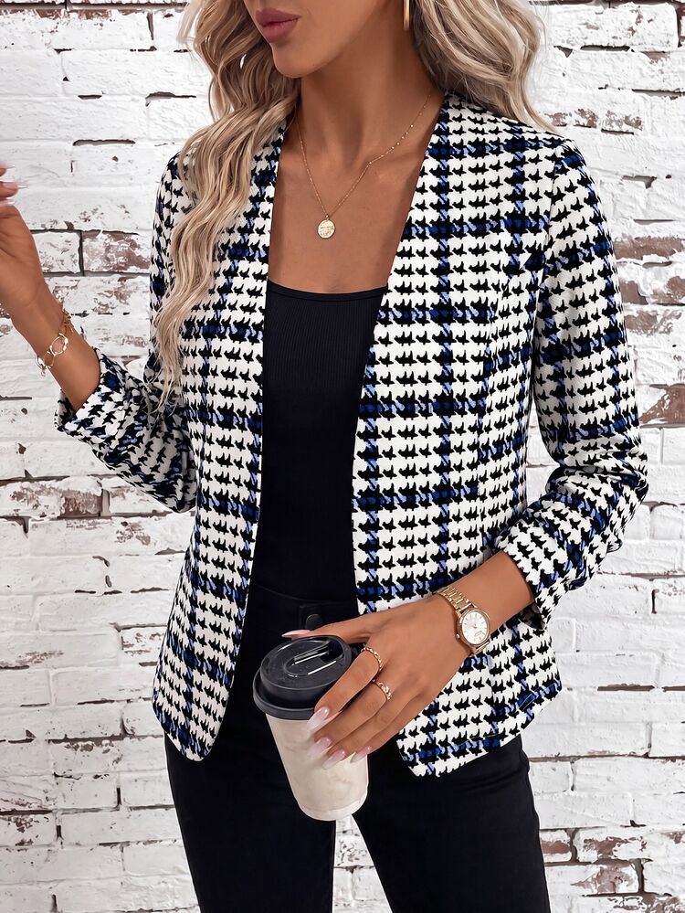 SHEIN Clasi Women's Elegant Smart Casual Business Casual Open Front Pleated Long Sleeve Versatile Black And White Animal Print Jacket Office Autumn - Blue and White - View 5