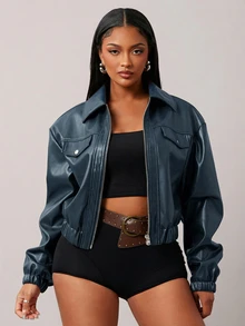 Radiana Women's Motorcycle PU Leather Jacket, Loose Fit, Teal Blue Vintage Grunge Streetwear Casual Grunge Punk Outerwear, Niche Elegant Top, Autumn Night Out - Blue - View 1