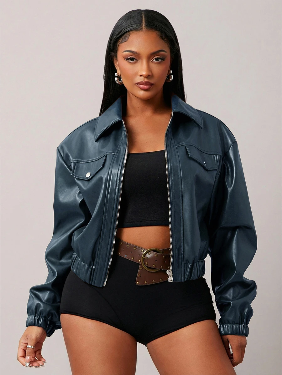 Radiana Women's Motorcycle PU Leather Jacket, Loose Fit, Teal Blue Vintage Grunge Streetwear Casual Grunge Punk Outerwear, Niche Elegant Top, Autumn Night Out - Blue - View 1