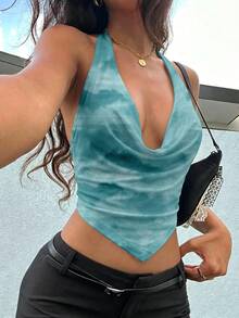 Aloruh 女款優雅Y2K度假風淺藍色掛脖露背垂墜時尚性感背心上衣，適合夏季夜生活 - 綠色 - 查看 4