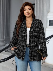 SHEIN Clasi 大尺碼女款格紋翻領長袖休閒商務優雅西裝外套 正式辦公晨間早午餐 黑白配色 夏季教師節 - 黑色 - 查看 6