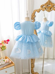 Glamorique Kids 女童藍色奢華緞面軟紗裙，精緻馬車印花，泡泡短袖，適合生日派對、晚宴活動、高端家庭活動、家庭聚會、婚禮、兒童時裝秀、畢業舞會，夏季短裙，完美適用於日常拍照與家庭肖像 - 藍色 - 查看 5