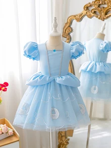 Glamorique Kids 女童藍色奢華緞面軟紗裙，精緻馬車印花，泡泡短袖，適合生日派對、晚宴活動、高端家庭活動、家庭聚會、婚禮、兒童時裝秀、畢業舞會，夏季短裙，完美適用於日常拍照與家庭肖像 - 藍色 - 查看 3