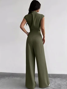 Firerie 女士优雅简约时尚通勤都市现代新款褶皱小立领短袖高腰阔腿连体裤，杏色 - 軍綠色 - 查看 9