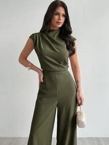 Firerie 女士优雅简约时尚通勤都市现代新款褶皱小立领短袖高腰阔腿连体裤，杏色 - 軍綠色 - 查看 7