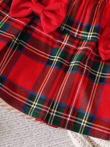 2pcs/Set Baby Girls' Ruffle Long Sleeve Top Bow Red Plaid Skirt Set, Autumn Cute Modest Fashionable Casual School Style Matching Family Outfit - Red - View 3