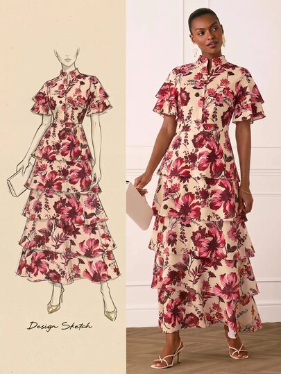 Lilora Women's Elegant Romantic Floral Lotus Leaf Dress Wedding Garden Party Night Garden Party Graduation College Pink Floral Floral Summer Wedding