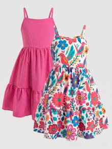 SHEIN 2pcs/Set Girls' Spaghetti Strap Short Dress, Layered Patchwork Hem, Baby Pink White, Summer, Fairy Princess, Knit, Fitted, 7th Birthday 3rd Birthday - Multicolor - View 2