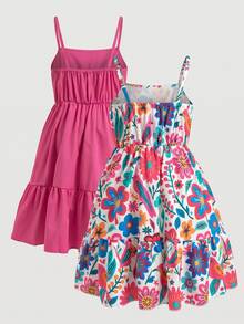 SHEIN 2pcs/Set Girls' Spaghetti Strap Short Dress, Layered Patchwork Hem, Baby Pink White, Summer, Fairy Princess, Knit, Fitted, 7th Birthday 3rd Birthday - Multicolor - View 3