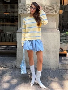 Aloruh Women's Fall Blue And Yellow Striped Long Sleeve Loose Sweater Suitable For School Everyday Casual Preppy Outing Daily Wear Brunch - Multicolor - View 7