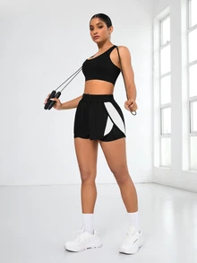 Gameset SHEIN Sport Women's 2-In-1 Black Drawstring White Contrast Trim Split Hem Pocket Running Sports Shorts For Summer, Color Contrast  Sports Shorts - Multicolor - View 4