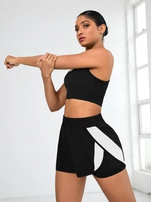 Gameset SHEIN Sport Women's 2-In-1 Black Drawstring White Contrast Trim Split Hem Pocket Running Sports Shorts For Summer, Color Contrast  Sports Shorts - Multicolor - View 5