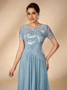 Serin Elegant Romantic Round Neck Luxury Embroidered Contrast Mesh Sheer 3/4 Sleeve Pearl & Rhinestone Inlaid Waist Pleated Decor A-Line Formal Dress For Wedding Party Celebration Bride Mother Of The Bride - Dusty Blue - View 2