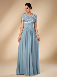 Serin Elegant Romantic Round Neck Luxury Embroidered Contrast Mesh Sheer 3/4 Sleeve Pearl & Rhinestone Inlaid Waist Pleated Decor A-Line Formal Dress For Wedding Party Celebration Bride Mother Of The Bride - Dusty Blue - View 7