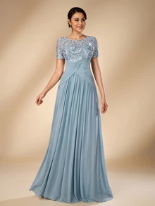 Serin Elegant Romantic Round Neck Luxury Embroidered Contrast Mesh Sheer 3/4 Sleeve Pearl & Rhinestone Inlaid Waist Pleated Decor A-Line Formal Dress For Wedding Party Celebration Bride Mother Of The Bride - Dusty Blue - View 1