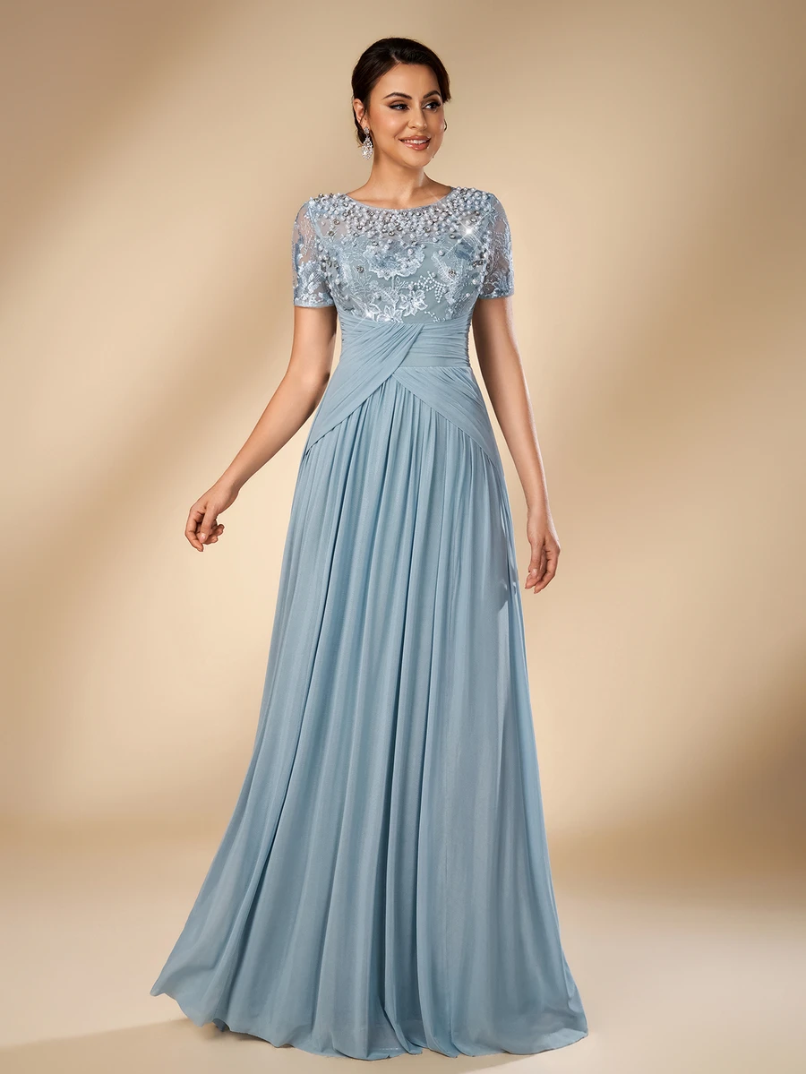 Serin Elegant Romantic Round Neck Luxury Embroidered Contrast Mesh Sheer 3/4 Sleeve Pearl & Rhinestone Inlaid Waist Pleated Decor A-Line Formal Dress For Wedding Party Celebration Bride Mother Of The Bride - Dusty Blue - View 1