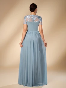 Serin Elegant Romantic Round Neck Luxury Embroidered Contrast Mesh Sheer 3/4 Sleeve Pearl & Rhinestone Inlaid Waist Pleated Decor A-Line Formal Dress For Wedding Party Celebration Bride Mother Of The Bride - Dusty Blue - View 3