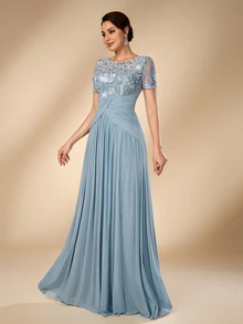 Serin Elegant Romantic Round Neck Luxury Embroidered Contrast Mesh Sheer 3/4 Sleeve Pearl & Rhinestone Inlaid Waist Pleated Decor A-Line Formal Dress For Wedding Party Celebration Bride Mother Of The Bride - Dusty Blue - View 6