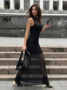 Firerie 女款立領蕾絲百褶收腰優雅派對洋裝 - 黑色 - 查看 4