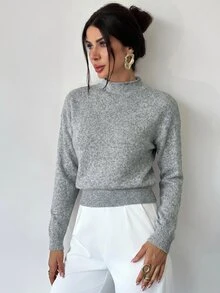Firerie 女款優雅休閒通勤辦公穿搭，灰色長袖高領寬鬆百搭針織毛衣，秋季百搭上衣，適合教師 - 淺灰色 - 查看 4