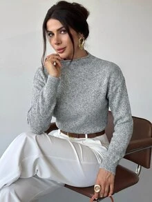 Firerie 女款優雅休閒通勤辦公穿搭，灰色長袖高領寬鬆百搭針織毛衣，秋季百搭上衣，適合教師 - 淺灰色 - 查看 3