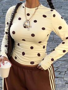Muchica Polka Dot Casual Plus Size Women's T-Shirt Fall - Multicolor - View 2