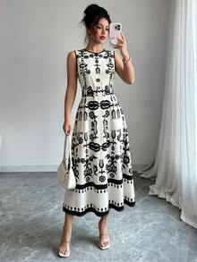 Elenzga Fashionable Sleeveless Full-Print Women's Dress - Red - View 1