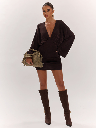 SHEIN BAE Women's Brown Deep V-Neck Long Sleeve Mini Dress