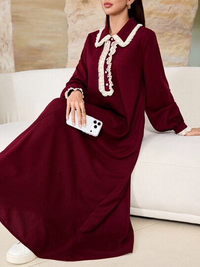 SHEIN Najma Women's Casual Elegant Arabian Dress With Polo Collar, Contrast Color Patchwork, Lace Trim, Long Sleeves, Button Front, Flared Hem And Textured Fabric